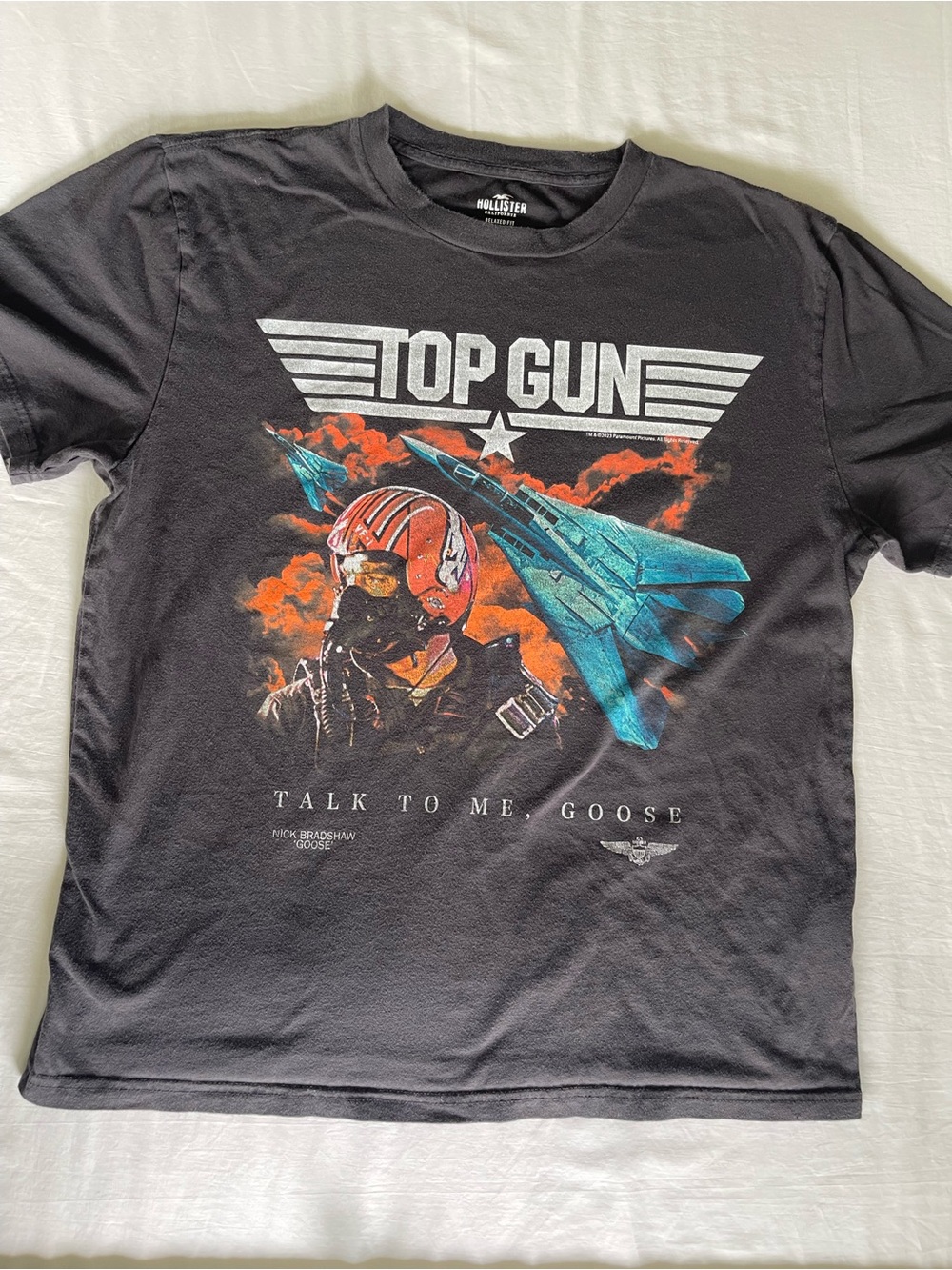 Hollister Black Top Gun Graphic Tee with Orange & Blue Accents